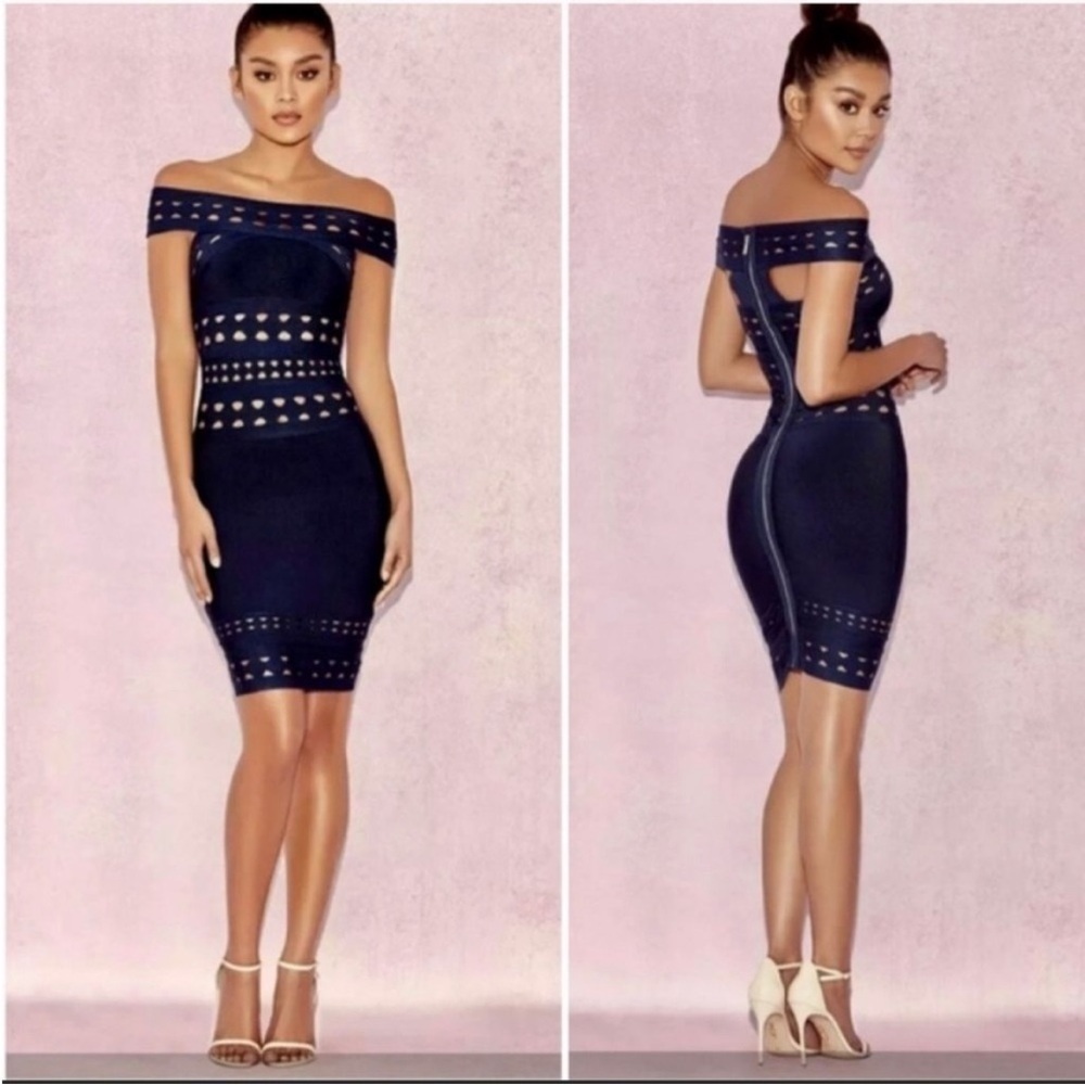 House Of Cb London Evangeline Navy Blue Off The Shoulder Mini Dress Size Xs Nwt